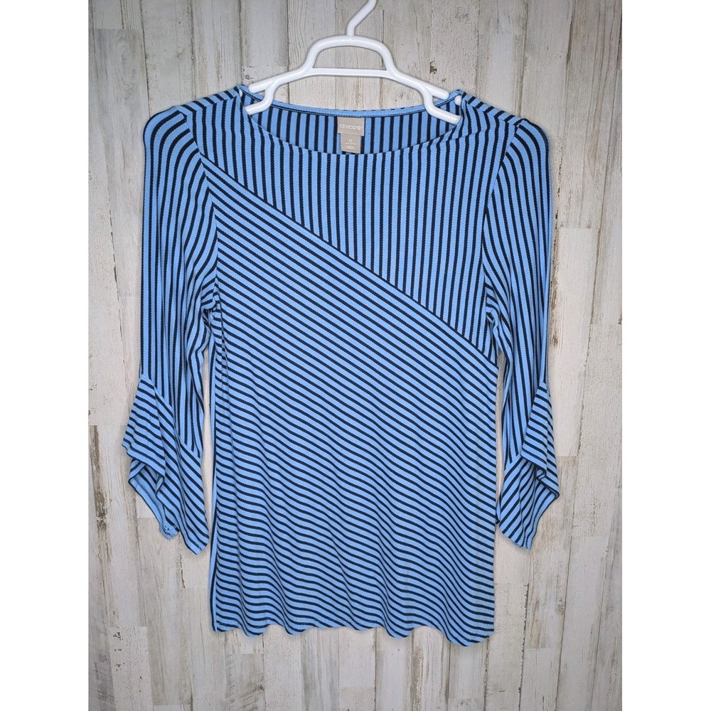 Chico's Black Blue Stretchy Striped Asymmetrical Top Tunic Sz 0